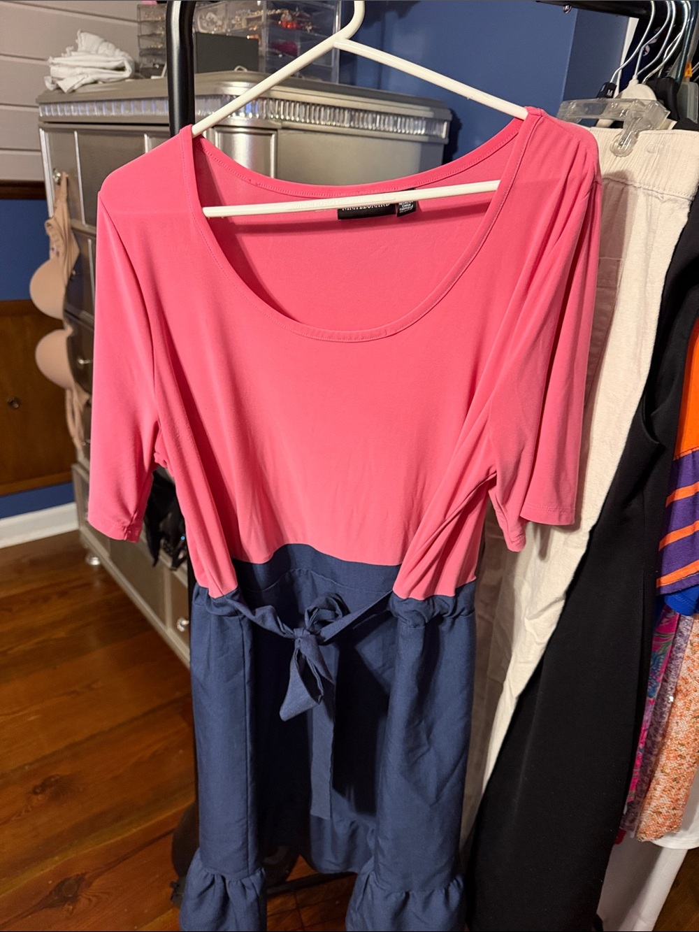 Nina Leonard Pink and Navy Midi Dress